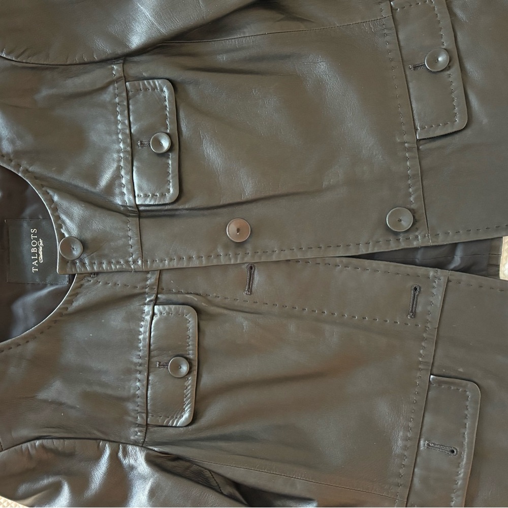 Talbots Black Leather Round-Neck Button Jacket - image 3
